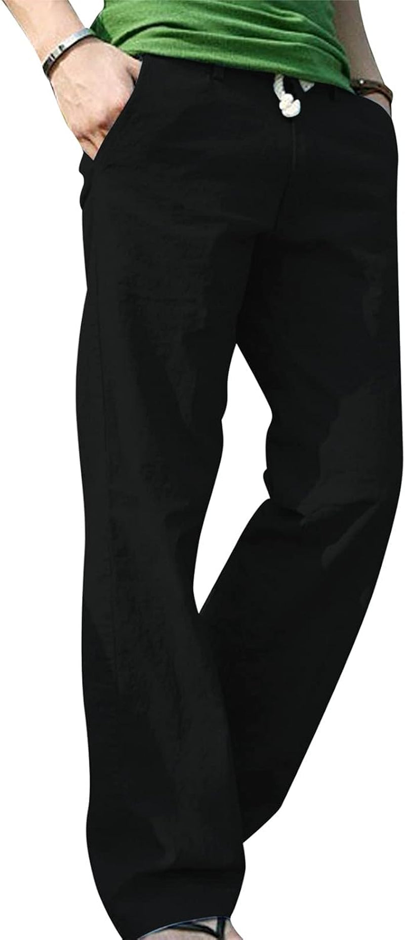 Men'S Casual Lace-Up Pocket Solid Color Cotton and Hemp Trousers Pants Wide Leg Straight Baggy Leopard Print Palazzo Pant Belted Cropped Paper Bag Premium Pleated Maxi Gaucho, 10-Black