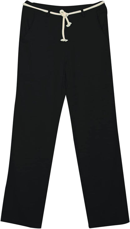 Men'S Casual Lace-Up Pocket Solid Color Cotton and Hemp Trousers Pants Wide Leg Straight Baggy Leopard Print Palazzo Pant Belted Cropped Paper Bag Premium Pleated Maxi Gaucho, 10-Black