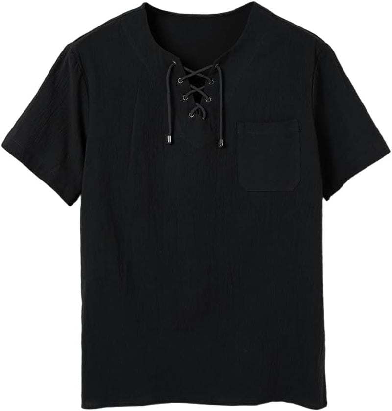 Mens Cotton T Shirt Casual Short Sleeve Beach Hippie Yoga Tees Plain Drawstring Lace-Up Summer Tops Black
