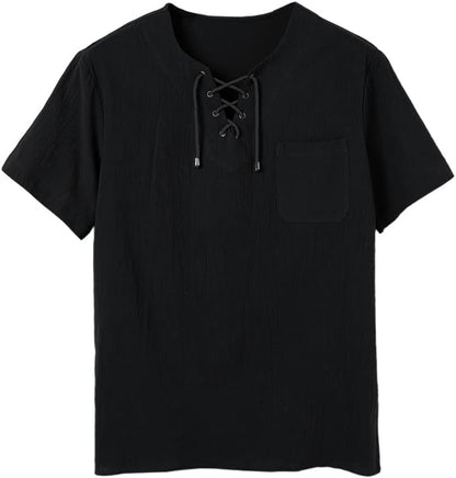 Mens Cotton T Shirt Casual Short Sleeve Beach Hippie Yoga Tees Plain Drawstring Lace-Up Summer Tops Black