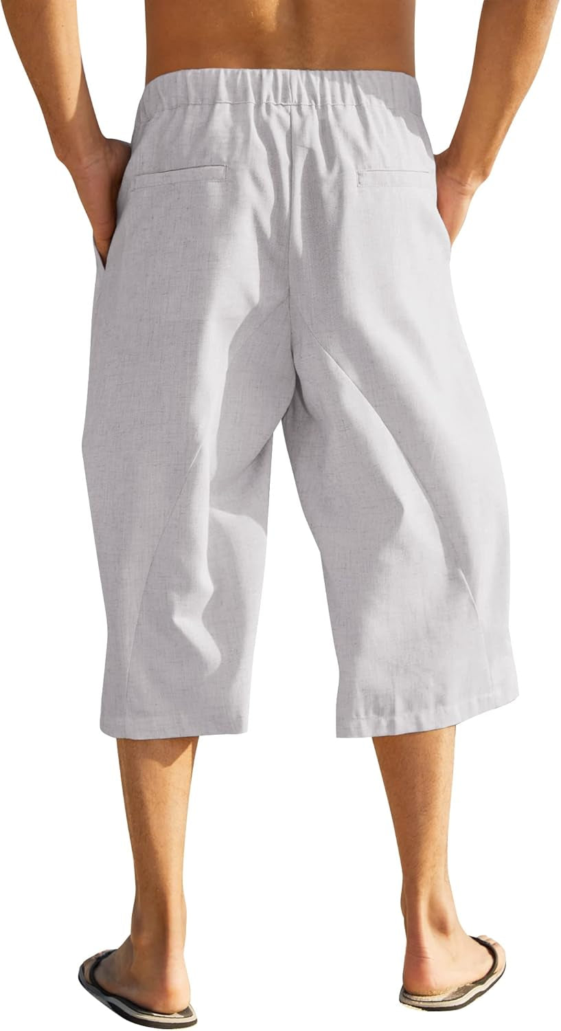 Men Cotton Linen Capri Pants Baggy Harem Pants Drawstring Yoga Beach Pants