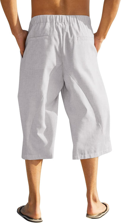Men Cotton Linen Capri Pants Baggy Harem Pants Drawstring Yoga Beach Pants
