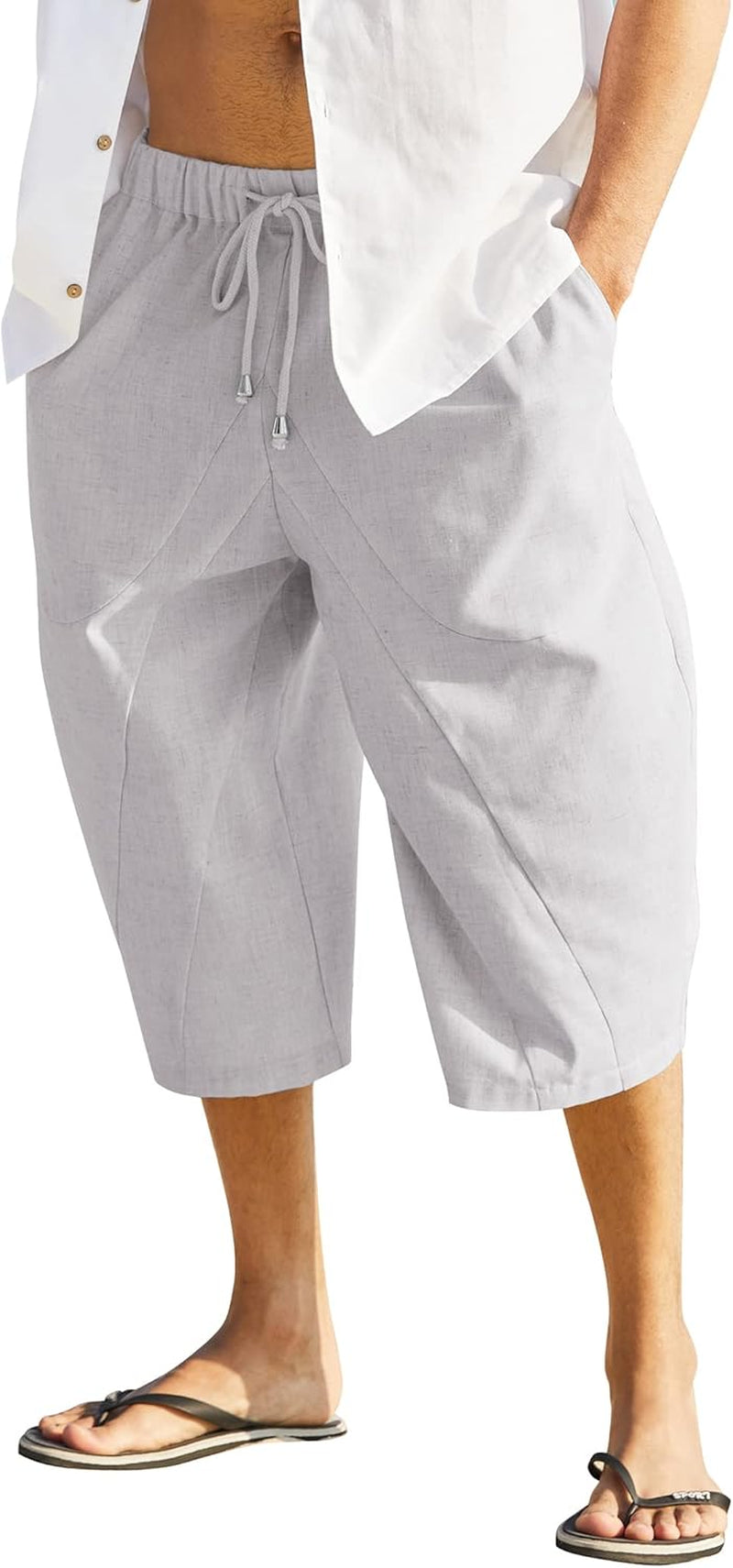 Men Cotton Linen Capri Pants Baggy Harem Pants Drawstring Yoga Beach Pants