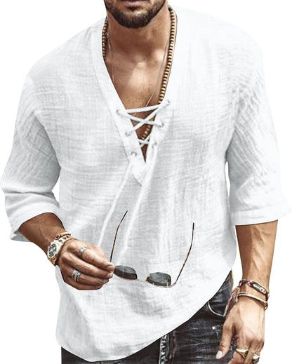 Men'S Fashion Shirt Short Sleeve Beach V-Neck Drawstring Printing Yoga African Summer Top