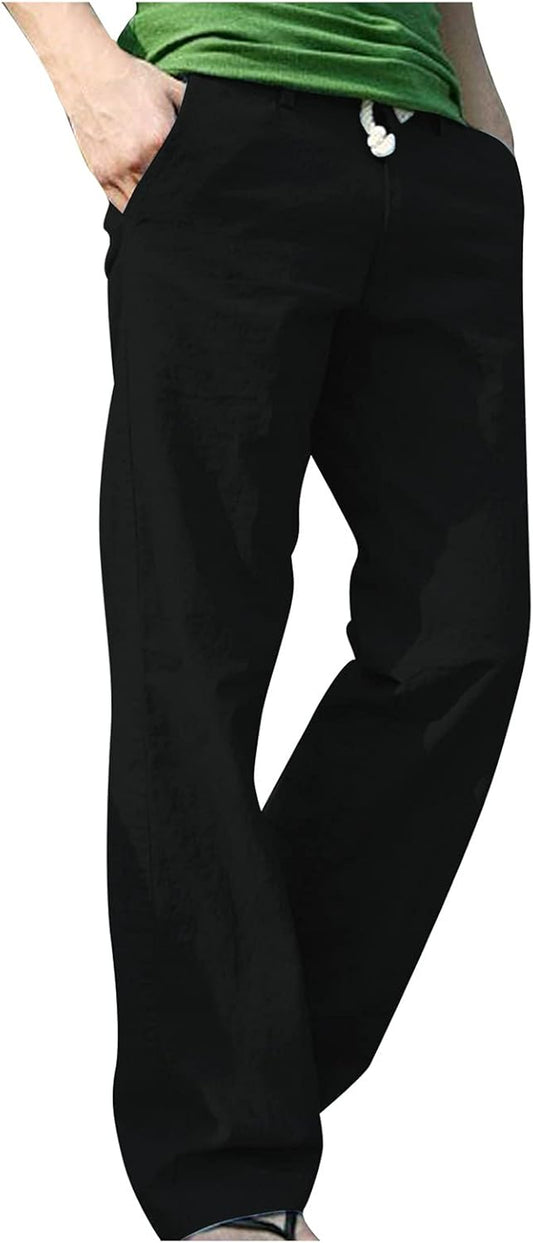 Men'S Casual Lace-Up Pocket Solid Color Cotton and Hemp Trousers Pants Wide Leg Straight Baggy Leopard Print Palazzo Pant Belted Cropped Paper Bag Premium Pleated Maxi Gaucho, 10-Black