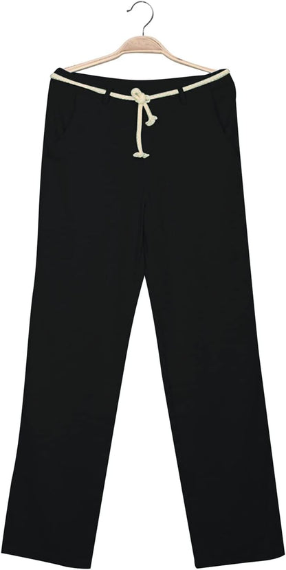Men'S Casual Lace-Up Pocket Solid Color Cotton and Hemp Trousers Pants Wide Leg Straight Baggy Leopard Print Palazzo Pant Belted Cropped Paper Bag Premium Pleated Maxi Gaucho, 10-Black