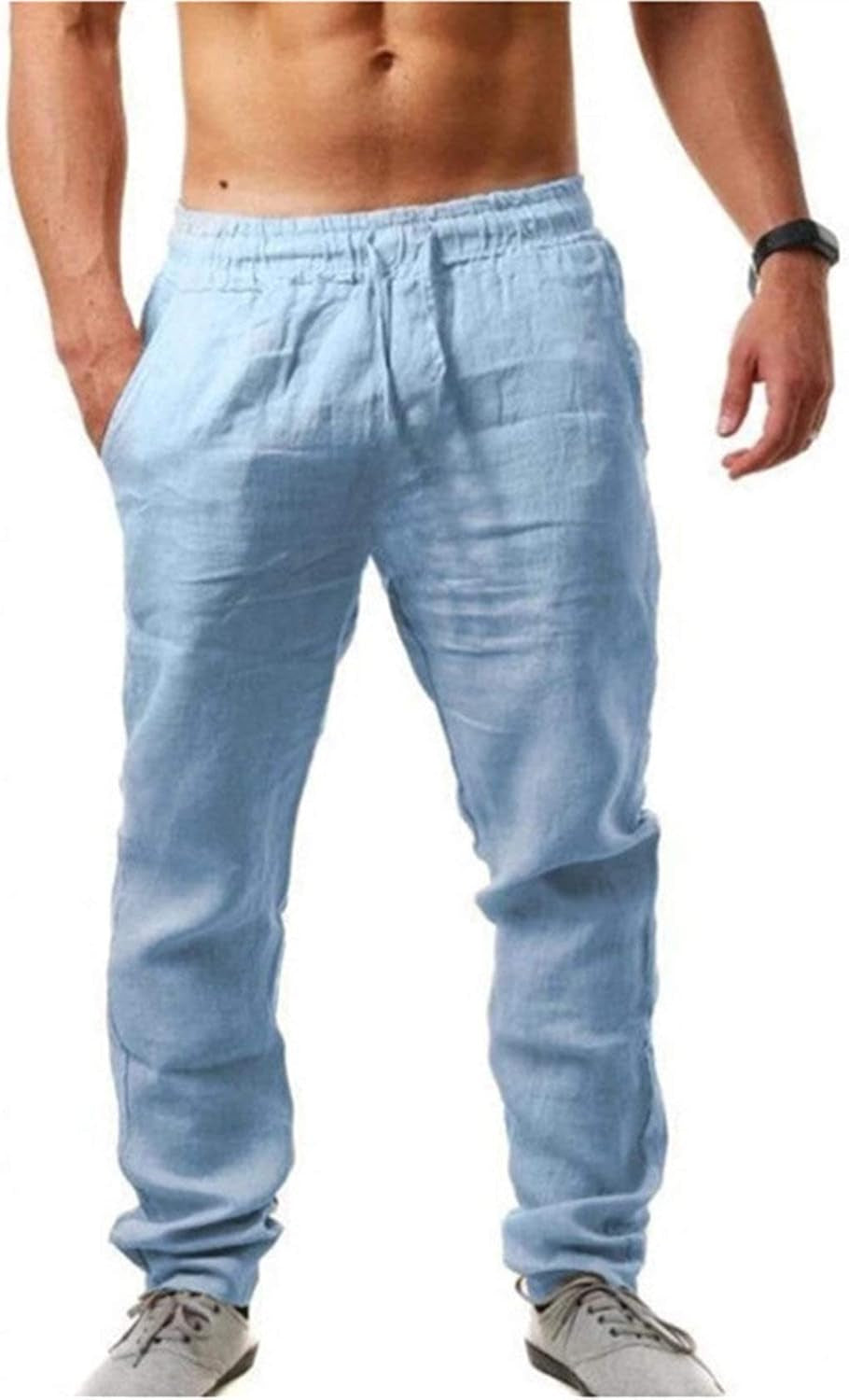 Men'S Casual Linen Sweatpants Loose Lightweight Yoga Beach Trousers Plain Drawstring Elastic Waist Sports Pants