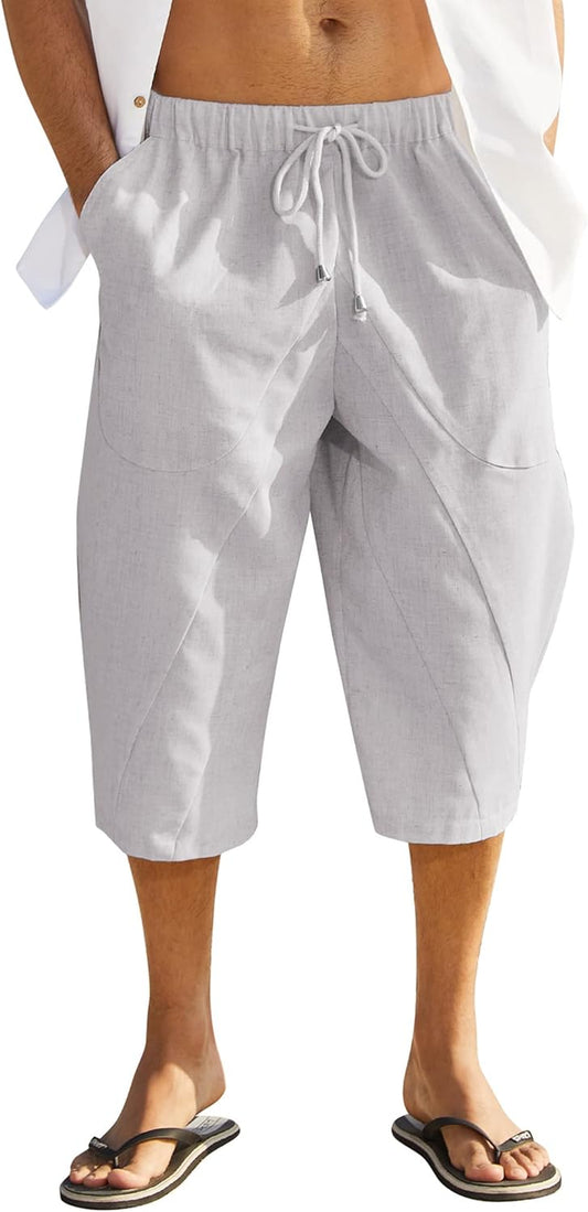 Men Cotton Linen Capri Pants Baggy Harem Pants Drawstring Yoga Beach Pants