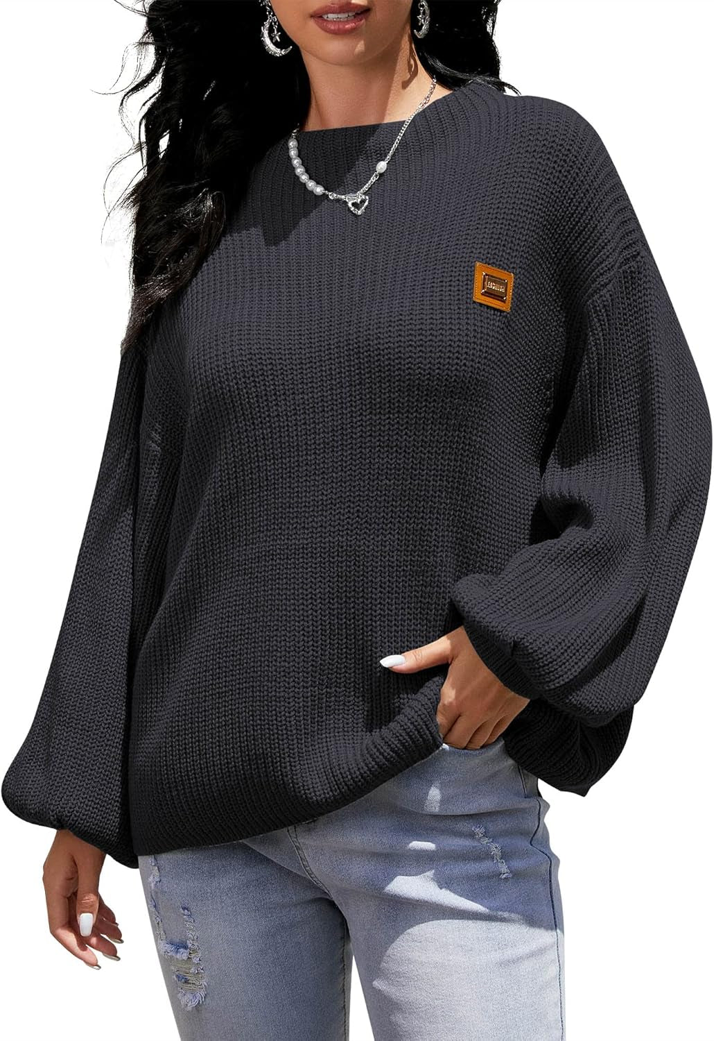 Women Crewneck Sweater Casual Long Sleeve Loose Knit Pullover Tops