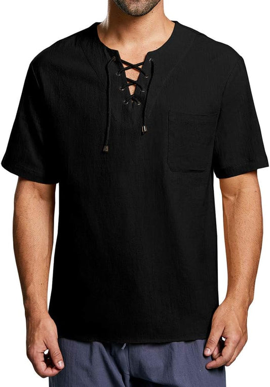 Mens Cotton T Shirt Casual Short Sleeve Beach Hippie Yoga Tees Plain Drawstring Lace-Up Summer Tops Black
