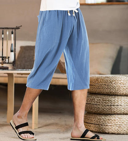 Mens Casual Linen Capri Pants Widen Leg 3/4 Pants with Pockets, White£¬36