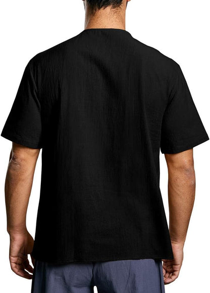 Mens Cotton T Shirt Casual Short Sleeve Beach Hippie Yoga Tees Plain Drawstring Lace-Up Summer Tops Black