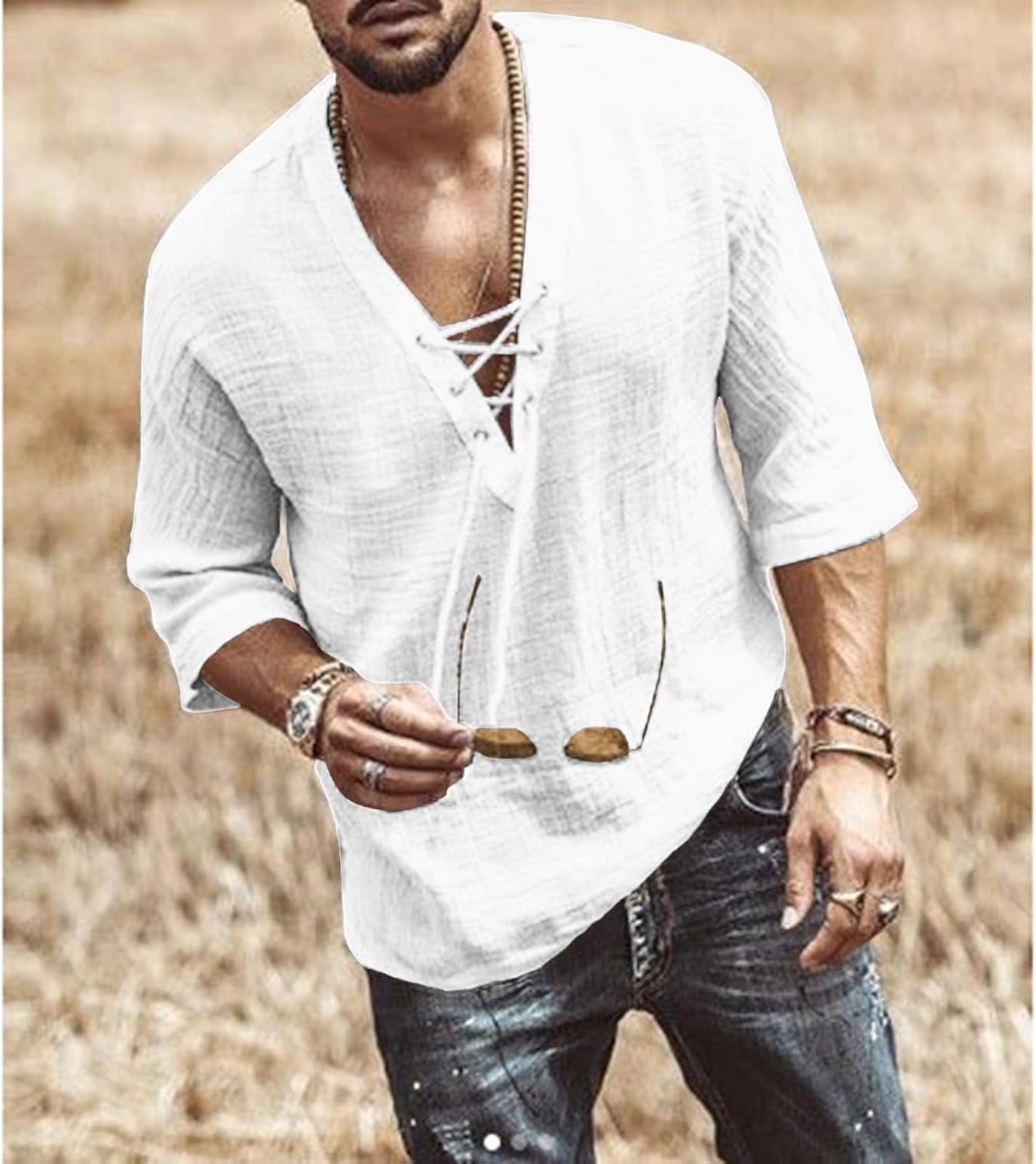 Men'S Fashion Shirt Short Sleeve Beach V-Neck Drawstring Printing Yoga African Summer Top