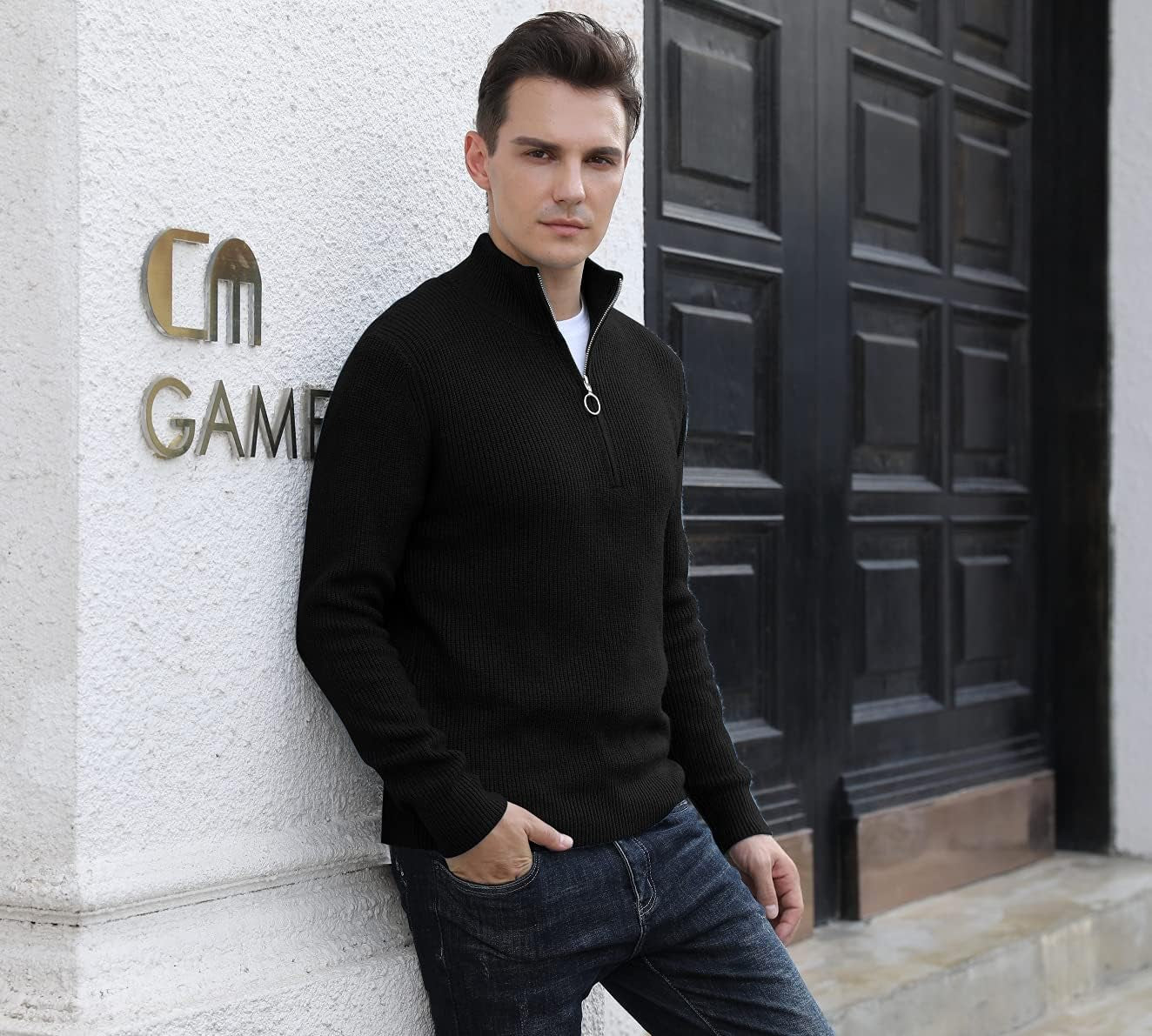 Men'S Soft Sweaters Quarter Zip Pullover Classic Ribbed Turtleneck Sweater