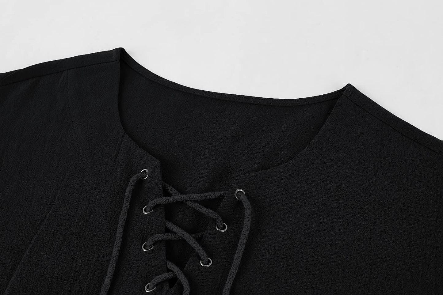 Mens Cotton T Shirt Casual Short Sleeve Beach Hippie Yoga Tees Plain Drawstring Lace-Up Summer Tops Black