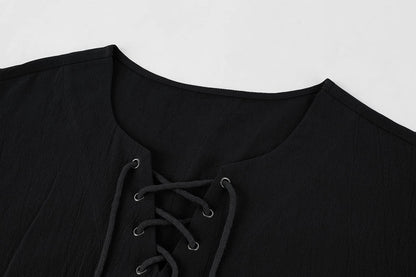 Mens Cotton T Shirt Casual Short Sleeve Beach Hippie Yoga Tees Plain Drawstring Lace-Up Summer Tops Black