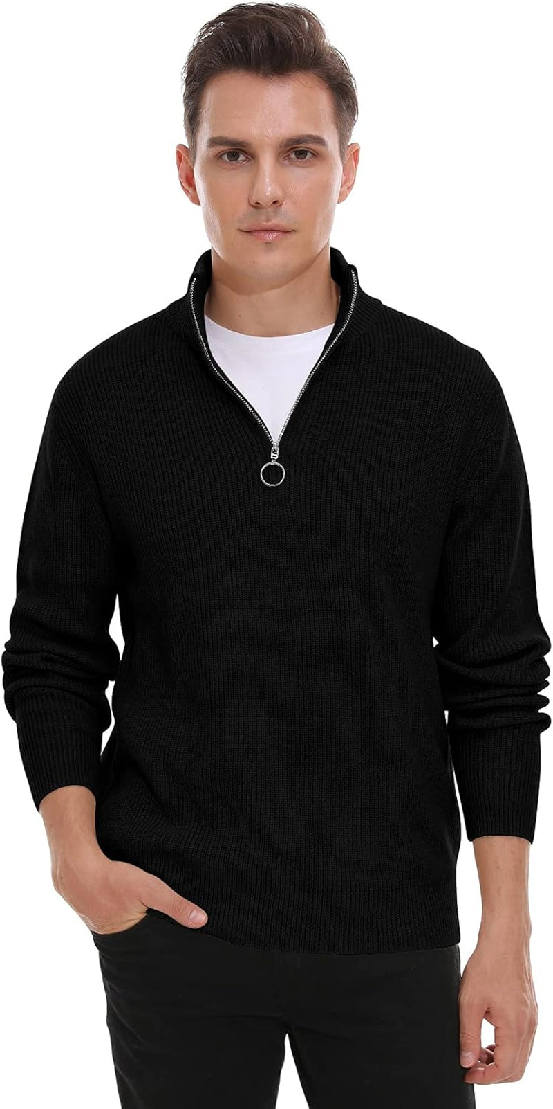 Men'S Soft Sweaters Quarter Zip Pullover Classic Ribbed Turtleneck Sweater