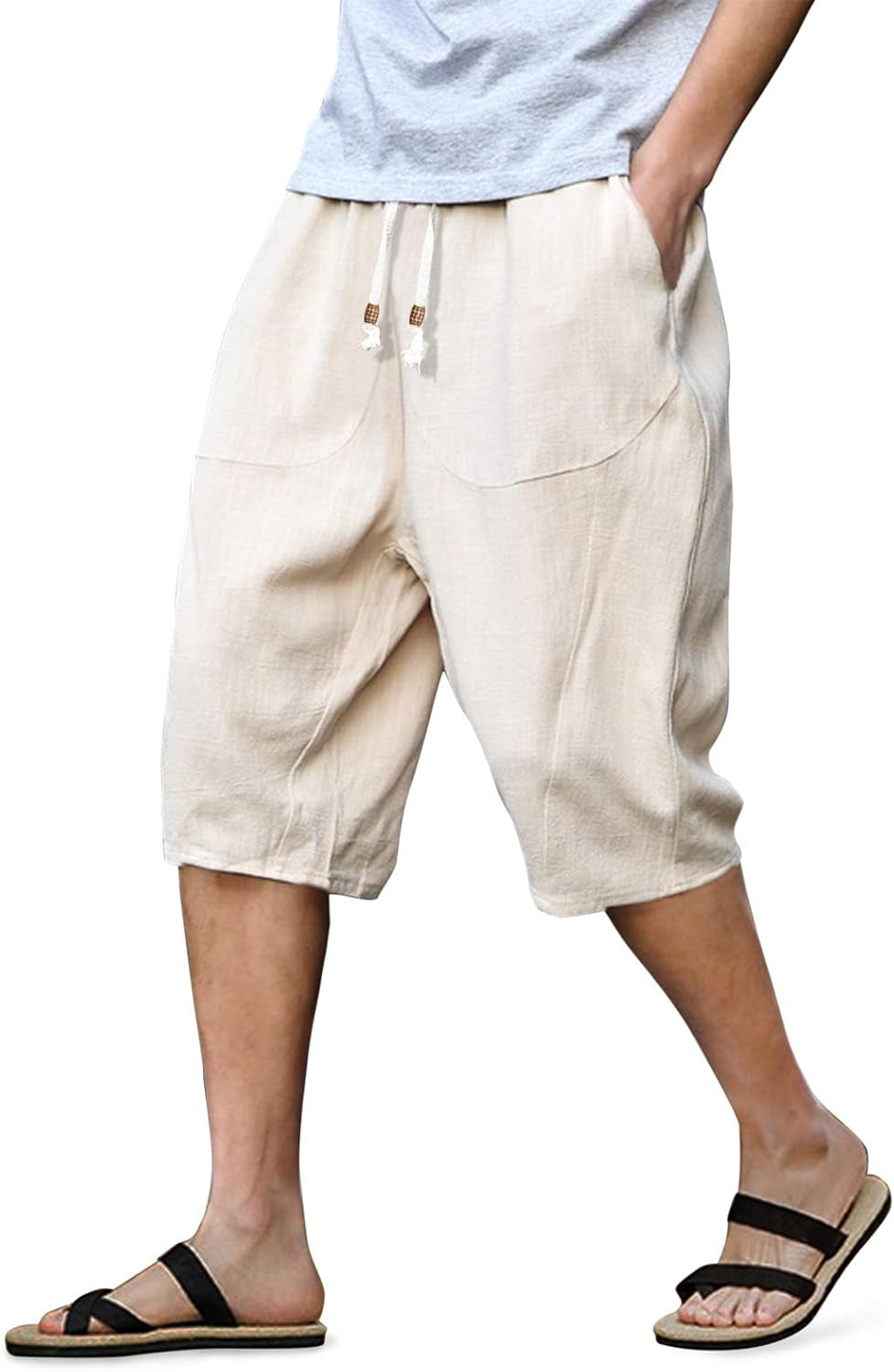 Mens Casual Linen Capri Pants Widen Leg 3/4 Pants with Pockets, White£¬36