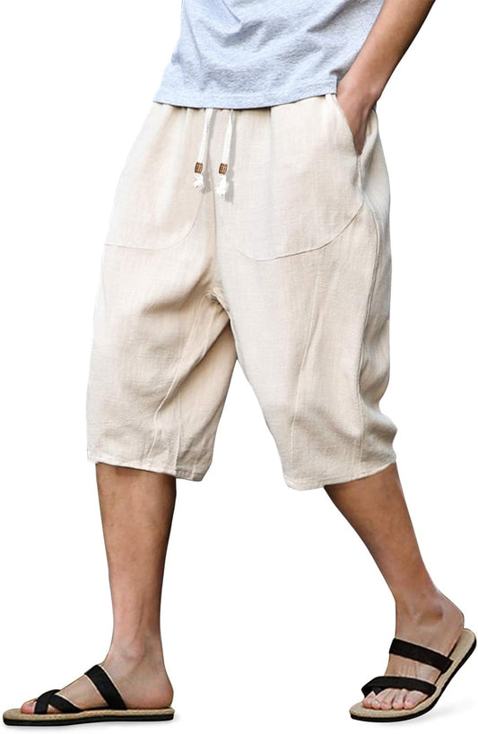 Mens Casual Linen Capri Pants Widen Leg 3/4 Pants with Pockets, White£¬36