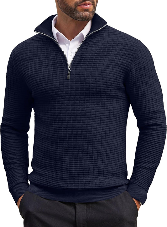 Men'S Quarter Zip Sweaters Slim Fit Lightweight Cotton Knitted Casual Mock Neck Pullover Sweaters