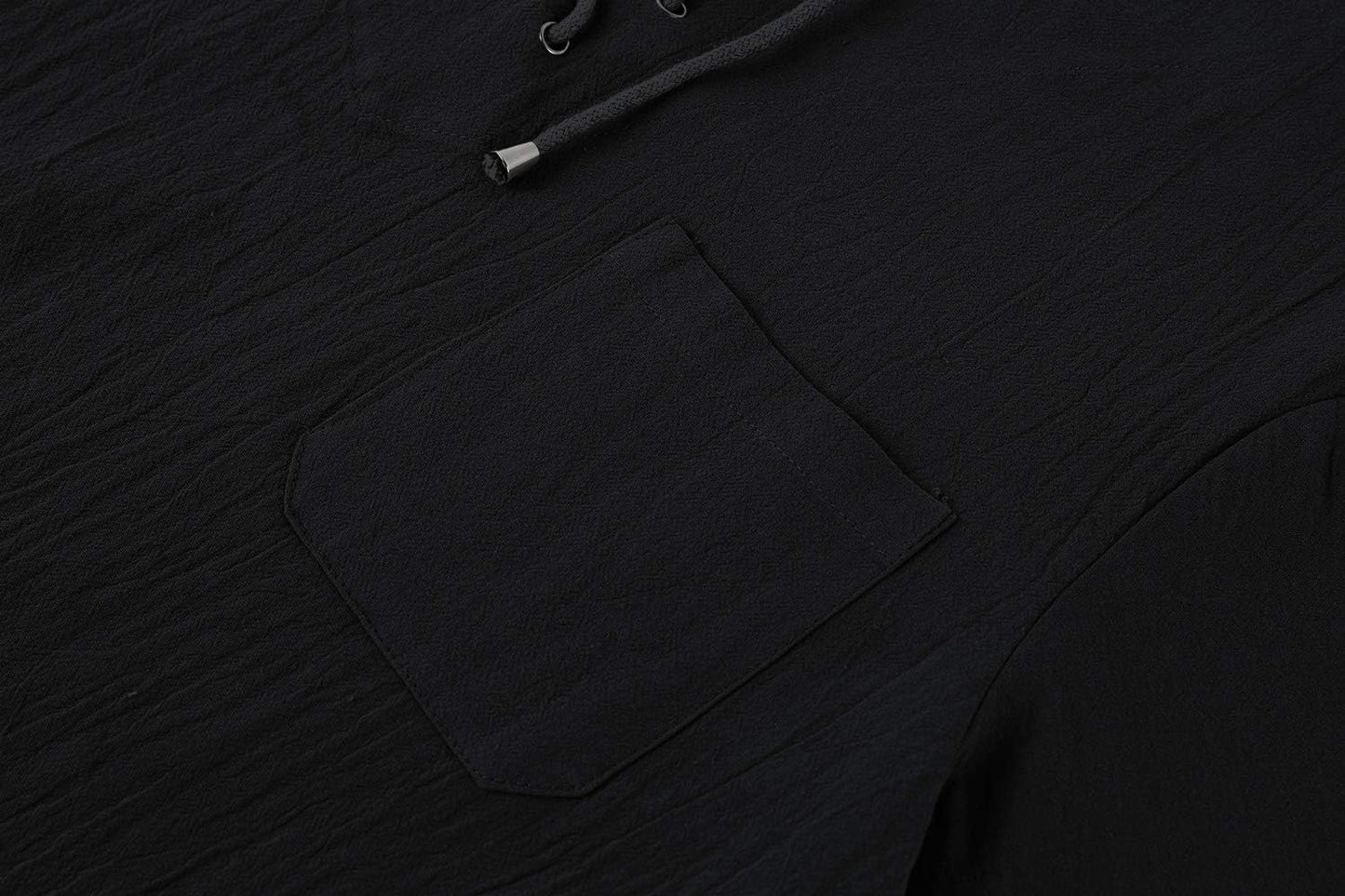 Mens Cotton T Shirt Casual Short Sleeve Beach Hippie Yoga Tees Plain Drawstring Lace-Up Summer Tops Black