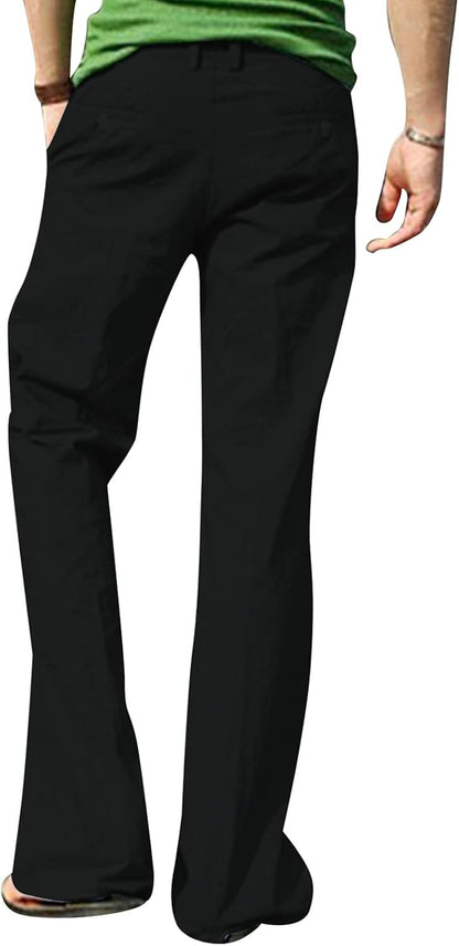 Men'S Casual Lace-Up Pocket Solid Color Cotton and Hemp Trousers Pants Wide Leg Straight Baggy Leopard Print Palazzo Pant Belted Cropped Paper Bag Premium Pleated Maxi Gaucho, 10-Black