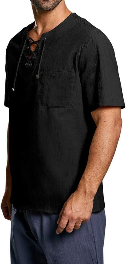 Mens Cotton T Shirt Casual Short Sleeve Beach Hippie Yoga Tees Plain Drawstring Lace-Up Summer Tops Black